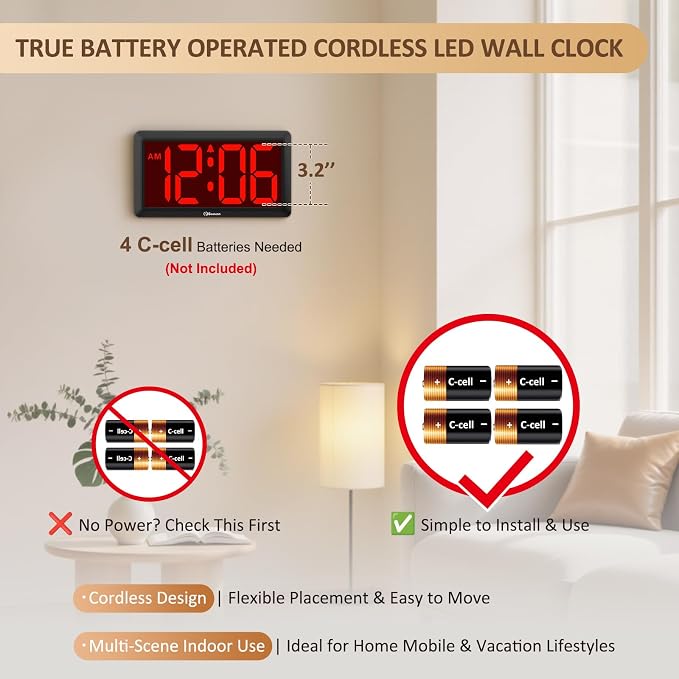 Soobest 9.5 Inch Large Digital Wall Clock Battery Operated, Auto & Manual - Image 2