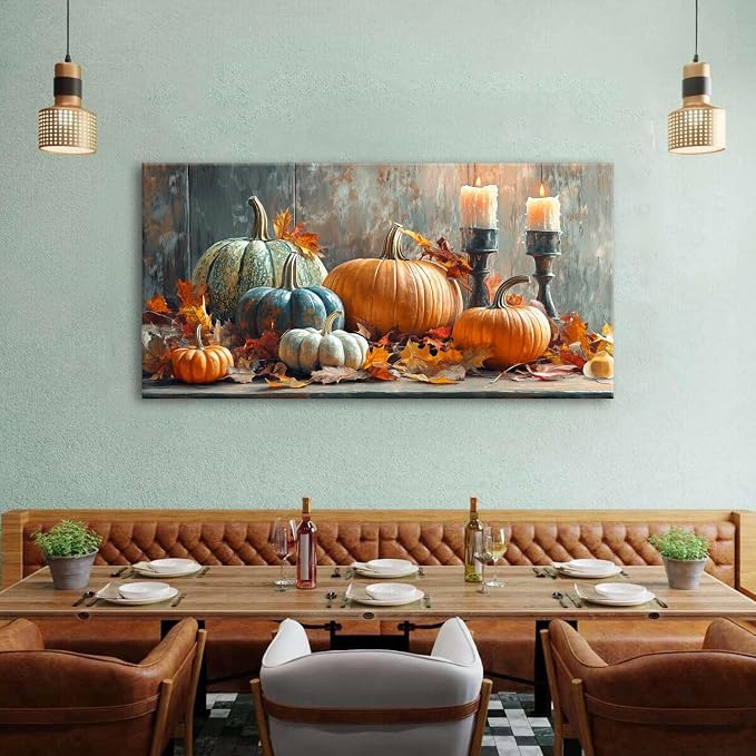 Farmhouse Kitchen Decor Pumpkin Wall Decor Maple Leaves Painting White Orange - Image 5