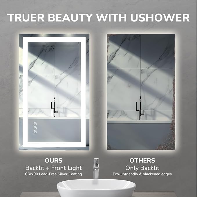 USHOWER LED Bathroom Mirror 24x36 Inch Tempered Glass - Image 5