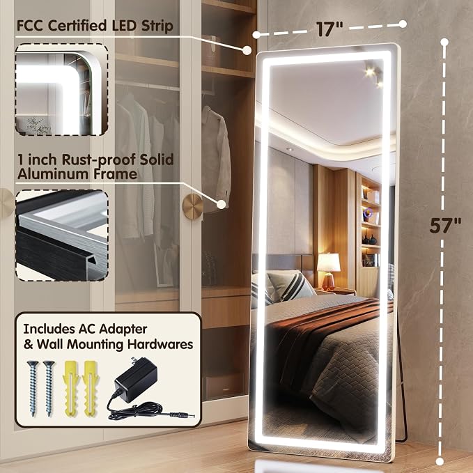 FENNIO Full Length Mirror with Lights, Free Standing Lighted Floor Mirror - Image 3