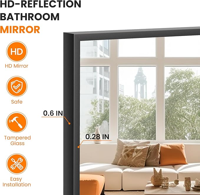 TRAHOME Bathroom Vanity Mirror for Wall, HD Shatterproof Glass, Hangs - Image 3
