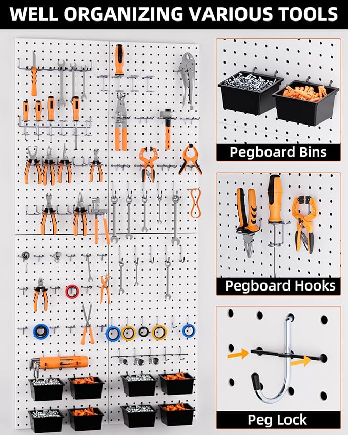 INCLY 158PCS Metal Pegboard Wall Organizer, 48x24 Inch White Pegboard Panels - Image 5