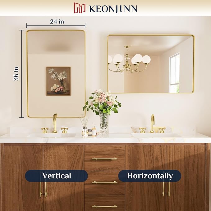 Keonjinn Gold Bathroom Mirrors for Over Sink 24 x 36 Inch Brushed Brass Metal - Image 9