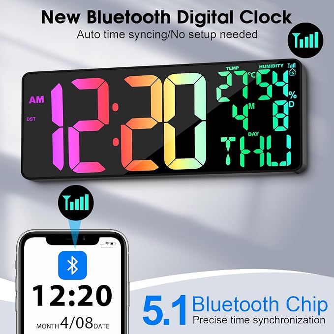 11 RGB Color Changes Large Digital Wall Clock/Bluetooth Auto Time Sync - Image 2