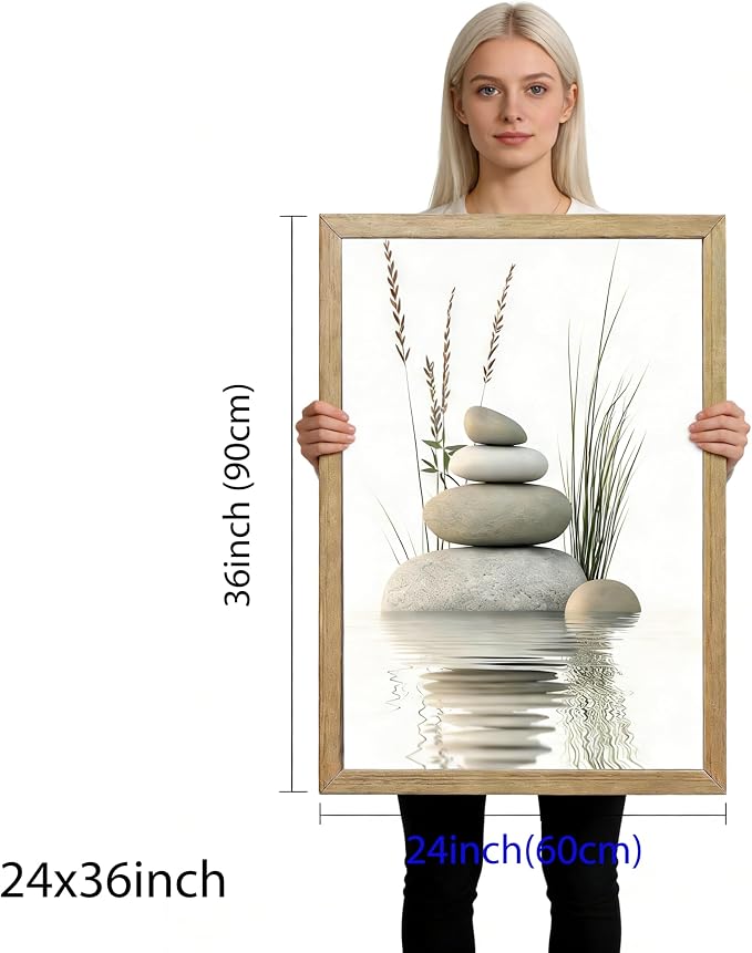 Wooden Frame Zen Stone Canvas Wall Art, Stacked Stones in Water Poster Print. - Image 7