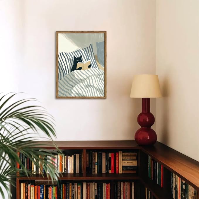Funny Black Cat Wall Art Painting, Whimsical Cat in Stripe Bed Reading Wall - Image 4
