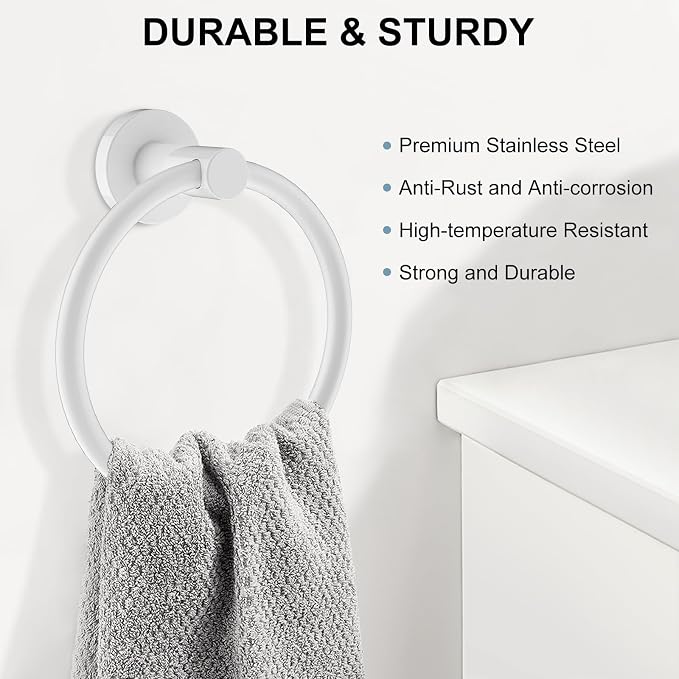 SetSail Towel Holder for Bathroom Wall Screw-in White Towel Ring Stainless - Image 2