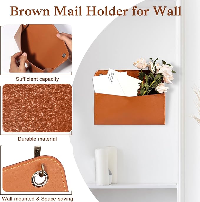 3 Pcs PU Leather Mail Holder Wall Mount Brown PU Leather Letter Holder Vintage - Image 3