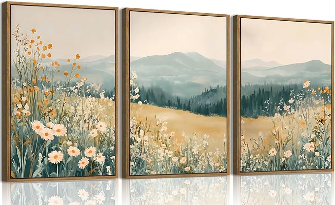 KISSFOX 3 Piece Framed Wildflower Wall Art Floral Wall Decor Landscape Flower by KISSFOX