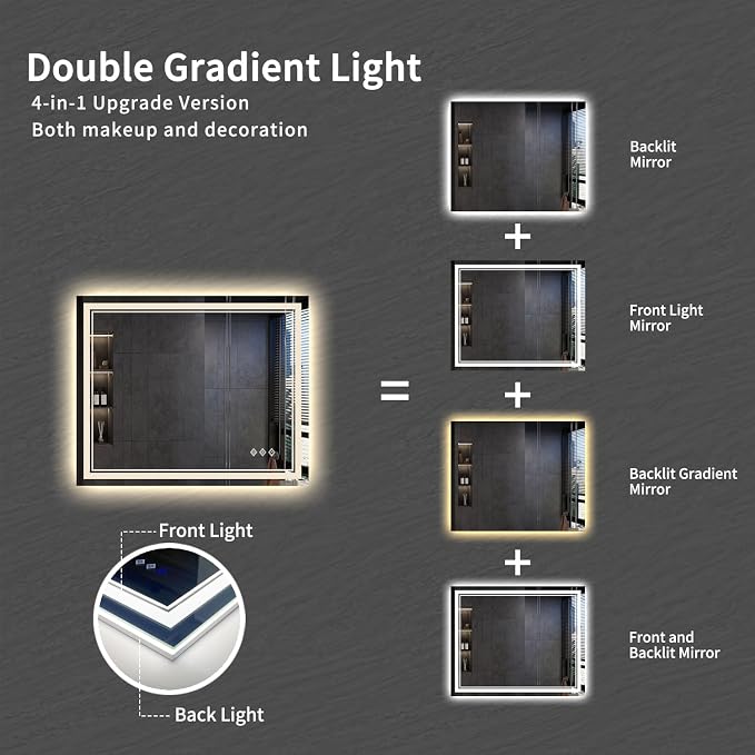 LED Mirror, 44x36 Inch Gradient Front and Backlit Lighted Mirror, 3 Colors - Image 4