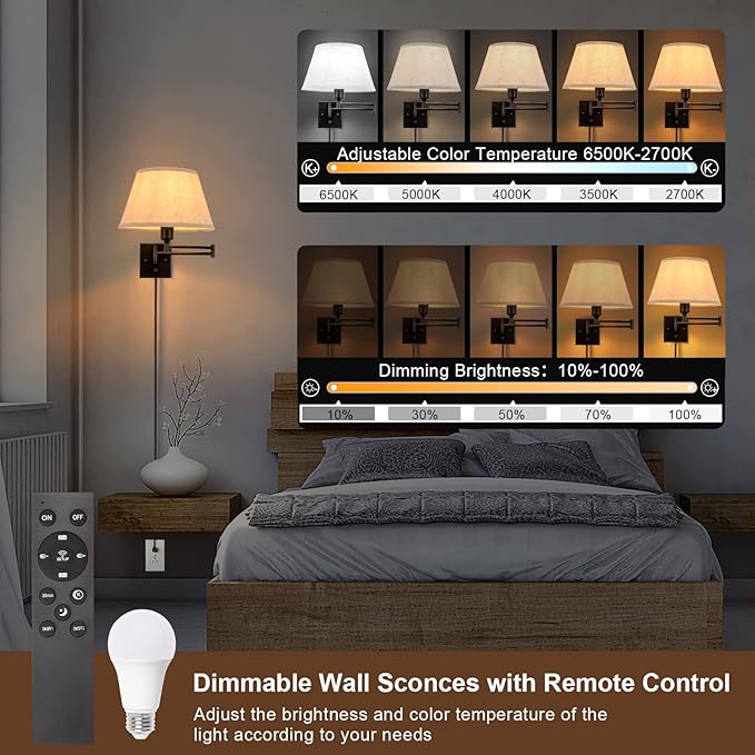 TRLIFE Wall Sconce Plug in, Remote Control Dimming 10-100% and Adjustable Color - Image 2