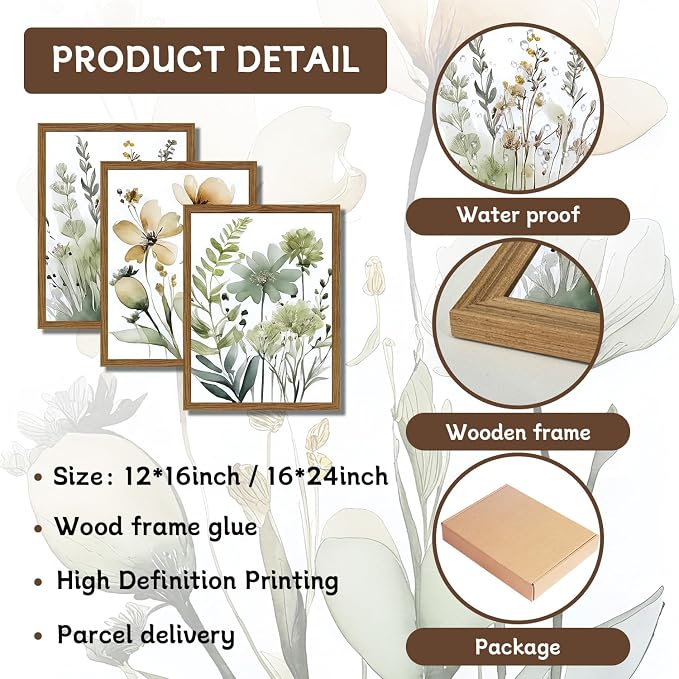 Wood Framed Sage Green Botanical Wall Art Set of 3, Boho Floral Canvas Wall - Image 4