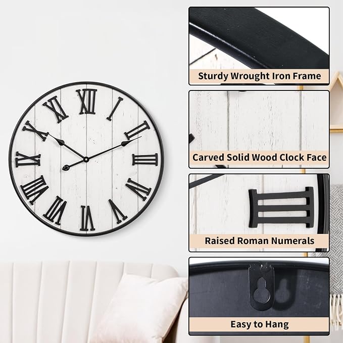 Large Rustic Wooden Wall Clock, 24 Inch Whitewashed Farmhouse Wall Clock - Image 5