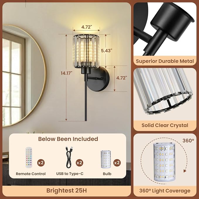 1- Pack Crystal Battery Operated Wall Sconces, Brushed Gold Rechargeable - Image 8