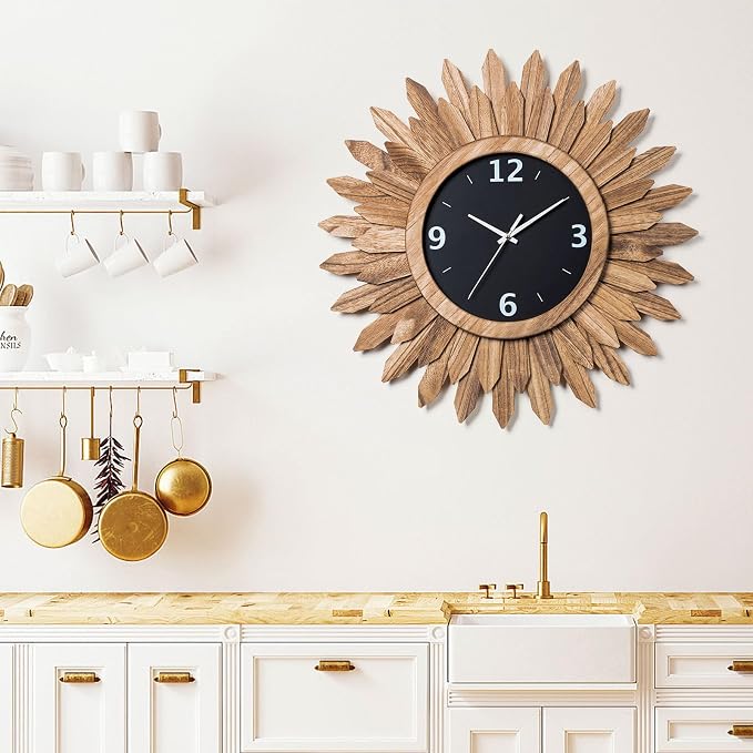 Honiway Large Wall Clock Battery Operated 21 in Rustic Wood Boho Sunburst - Image 8