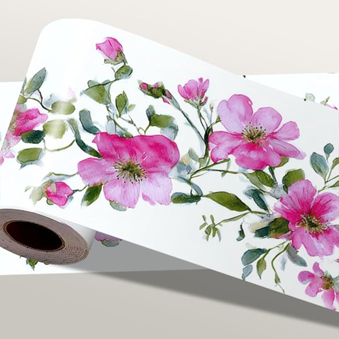 Pink Floral Wallpaper Border 196x4 Inch Peel and Stick Wall Border Self by IOHEFY
