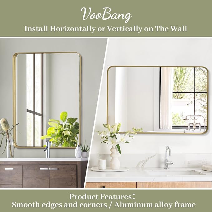 VooBang Bathroom Mirror 24x36 inch, Modern Round Corner Bathroom Vanity Mirror - Image 3
