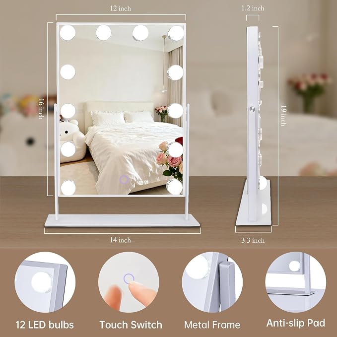 Hollywood Vanity Mirror with Lights 14" x 19", 10x Magnifying, 12 LED Bulbs - Image 7