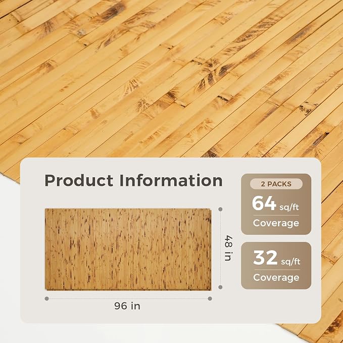 OUZUGIE 2 Pack 96x48 Inch Natural Bamboo Wall Panel – Yellow Burned Pole Wrap - Image 2