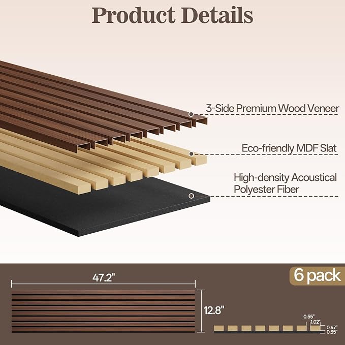 6 Pack Wood Panels for Wall, 47.24" x 12.79" Acoustic Wood Slat Wall Panel for - Image 2