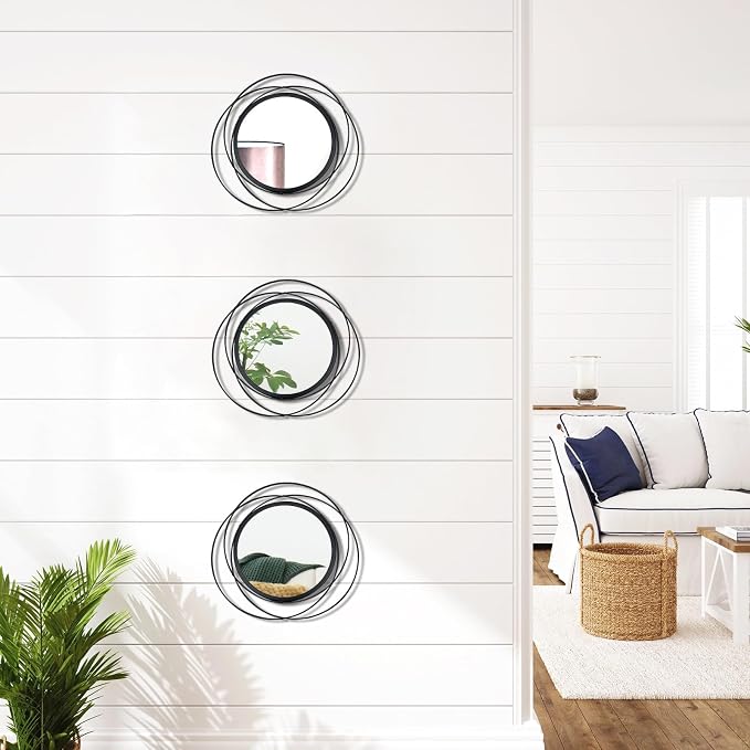3 Set 9.5 Inch Black Circle Mirrors Wall Decor Iron Frame Wire Mirror Metal - Image 4