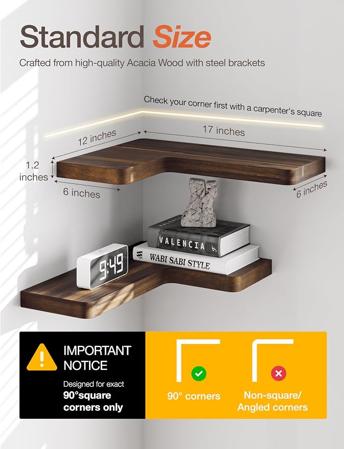 BATODA Acacia Wood Corner Floating Shelf 17” x 12”- Corner Shelf Wall Mounted - Image 2