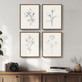 Vintage Floral Wall Art with Walnut Framed, 4 Piece Farmhouse Black and White by Cuspin