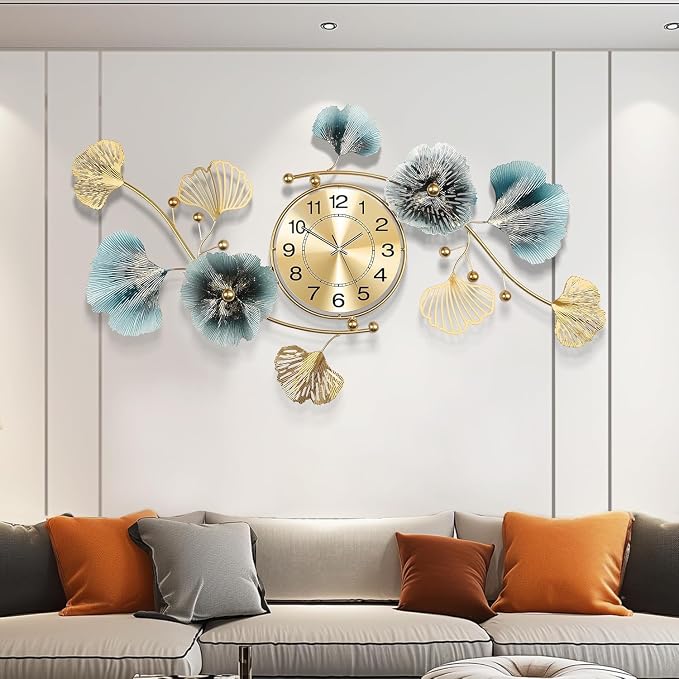 Wall Clocks for Living Room Decor, Large Wall Clock, 3D Creative Metal Ginkgo by Axioglo