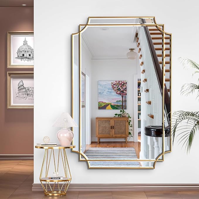 HQiJun Gold Mirror for Wall, Polished Bevelled Rectangle Mirror, Modern - Image 4