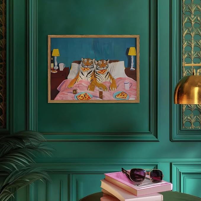 Framed Funny Tiger Wall Art, Eclectic Tigers Eating Pizza in Bed Pictures Wall - Image 7