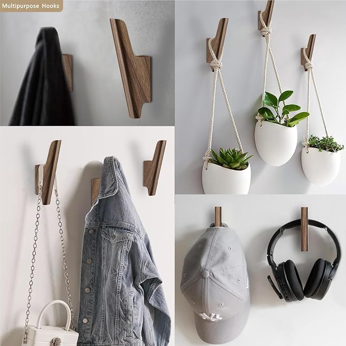Wood Wall Hooks 4 Pack Coat Hooks Wall Mount Walnut Wooden Hooks - Image 5