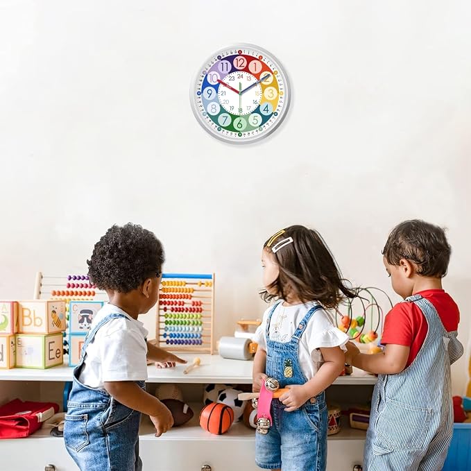 XFM Learning Clock for Kids 8 Inch Silent Wall Clocks Battery Operated Colorful - Image 3