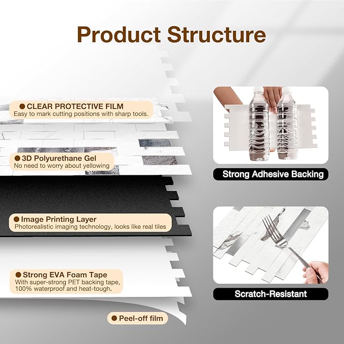 Peel and Stick Backsplash Tile Waterproof Removable PVC Wall Sticker 3D Faux - Image 6