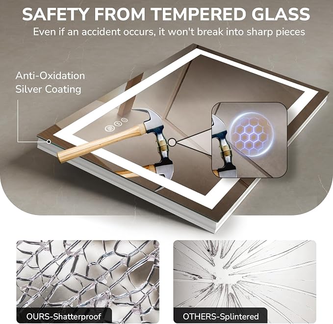 USHOWER LED Bathroom Mirror 24x36 Inch Tempered Glass - Image 6
