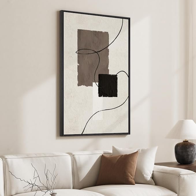 Framed Black and White Neutral Abstract Wall Art, Modern Canvas Prints - Image 2