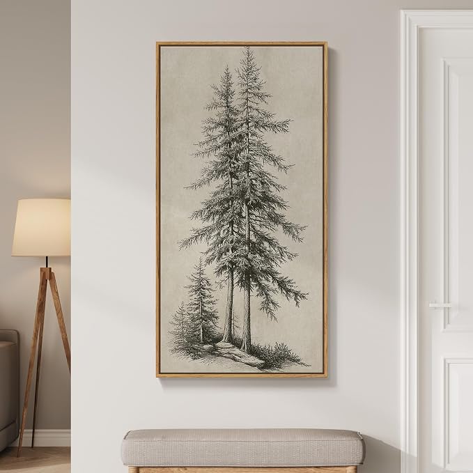 Large Framed Vertical Vintage Pine Tree Wall Art - Image 8