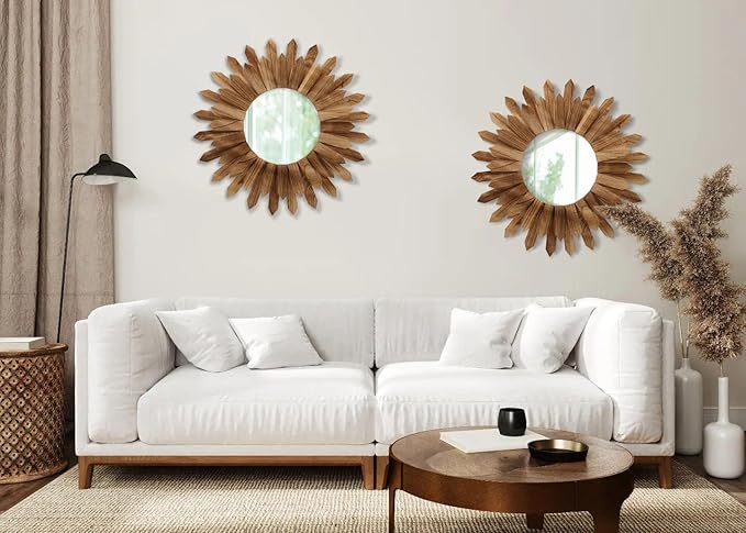 LOSOUR 2 Pack 22 Inch Boho Wall Sunburst Mirror Rustic Round Wood Decorative - Image 3