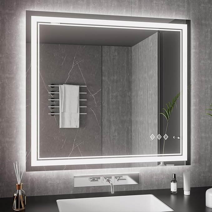 Bathroom Mirrors for Wall, 40x36 Inch Gradient Front and Backlight Lighted by VanPokins-GlobalHighEndLEDBathroomMirrorBrand
