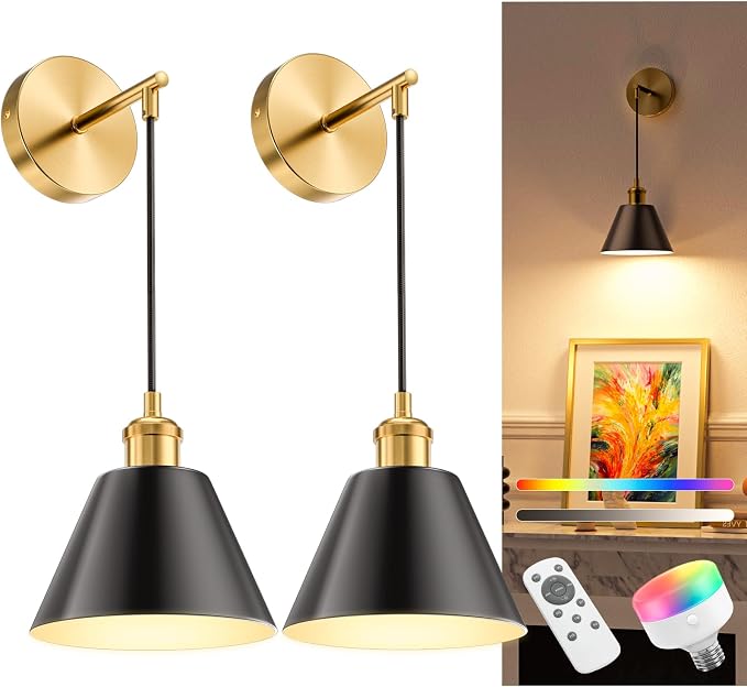 NIORSUN Gold & Black Battery Operated Wall Sconce Set of 2, 5200mAh Dimmable by NIORSUN