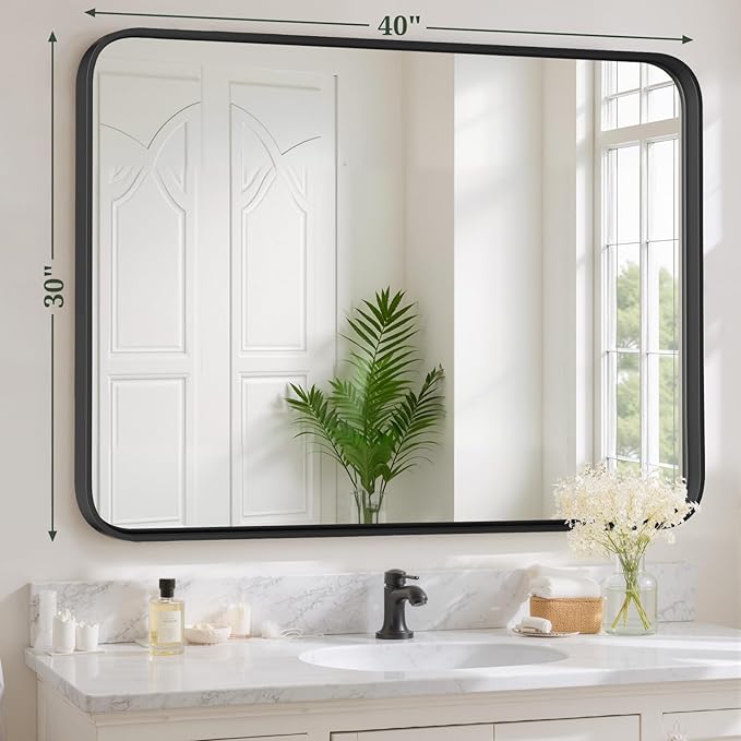 Bathroom Mirror 40x30 Inch Black Metal Frame Rectangle Vanity Mirror - Image 3
