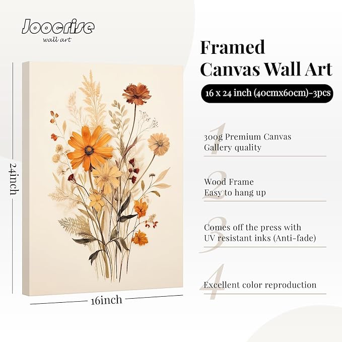 Botanical Floral Wall Art Set of 3 Vintage Wildflower Canvas Wall Decor - Image 2