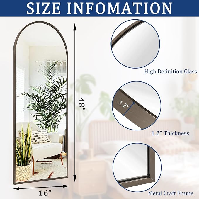 Large Arched Full Length Mirror, Arch Bathroom Wall Mirrors Metal Aluminum - Image 7