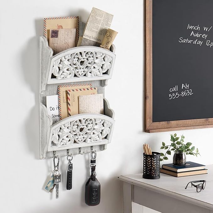 Mail Organizer with Key Holder, 2-Slot Mail Holder with 4 Key Hooks - Image 2