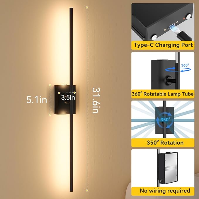 Ouyulong Battery Operated Wall Sconces Set of 2, 10000mAh Wireless Rechargeable - Image 5