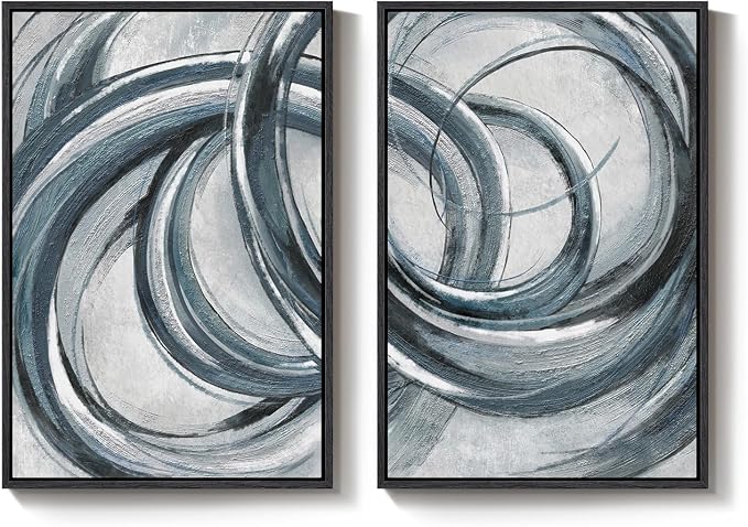 Framed Blue Gray Abstract Wall Art Set of 2, Modern Circle Line Canvas Artwork - Image 9