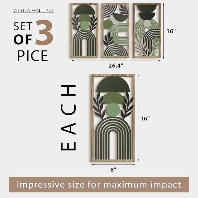 VIYYIEA Boho Solid Wood Carved Wall Art Set of 3, Geometric Minimalist Wooden - Image 2