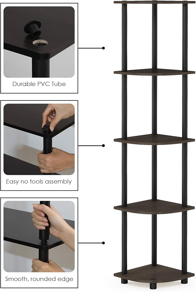 Furinno TURN-N-TUBE Corner Shelf Set of 2, 5-Tier Corner Bookshelf, Open - Image 4