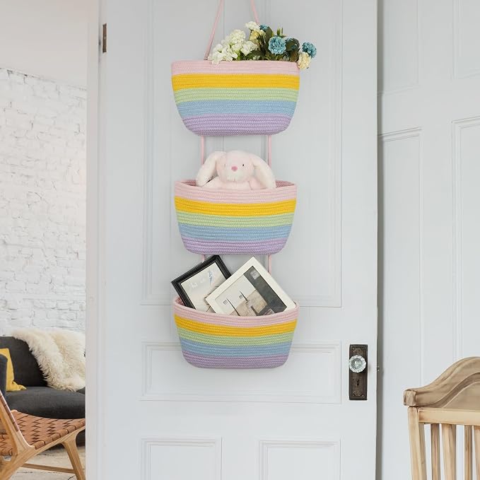 TeoKJ Over the Door Hanging Basket, 3-Tier Woven Cotton Wall-Mounted Storage - Image 6