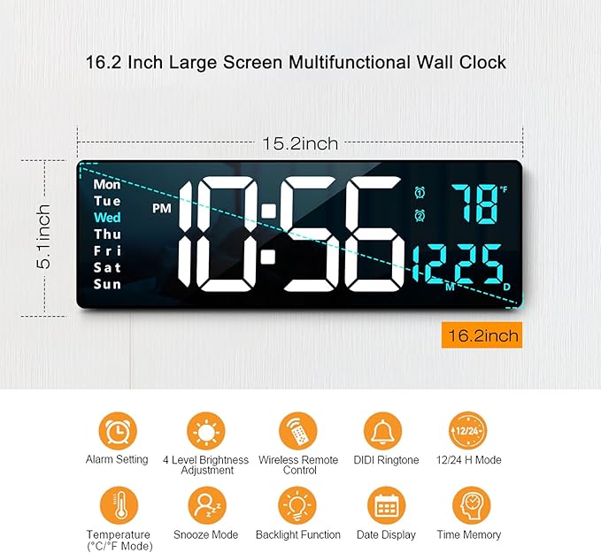 Abovsare 16.2 Inch Large Display Wall Clocks, LED Digital Clock - Image 3
