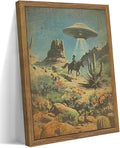 Framed Vintage Intergalactic Western Canvas Wall Art, Alien UFO Abducting Cowboy by MUWAKWallArt